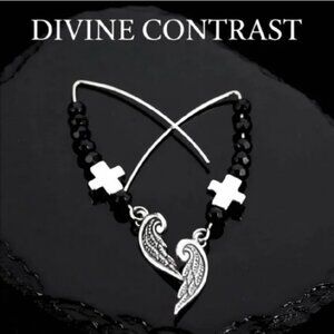Goth Angel Wing & Cross Dangle Earrings • Lightweight Black Crystal & Wings